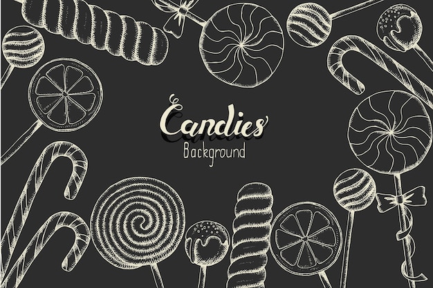 ロリポップと甘い背景キャンディーショップ手書きレタリングベクトル食品デザインメニュー広告とバナースケッチのためのロリポップのセット