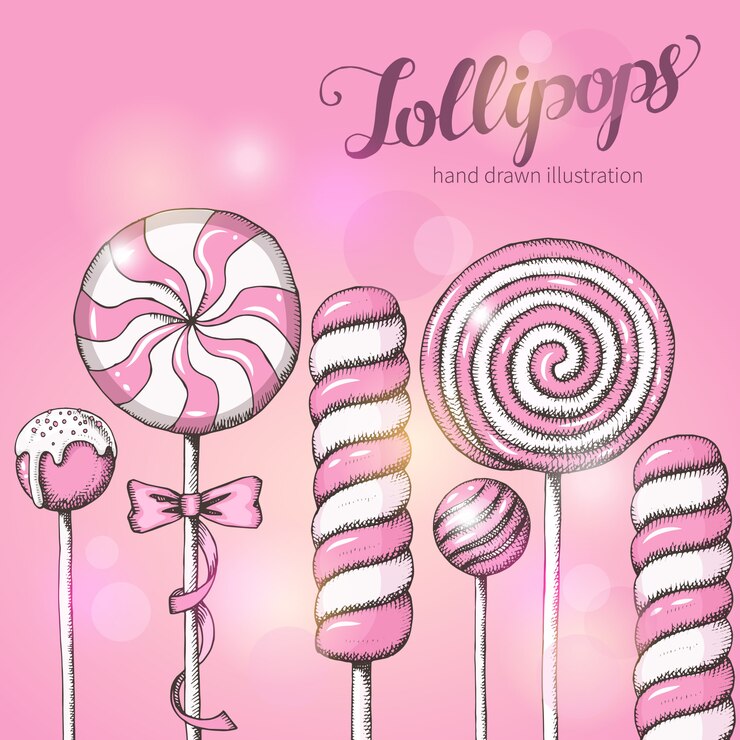 Vector sweet background with lollipops on pink. candy shop. hand written lettering.