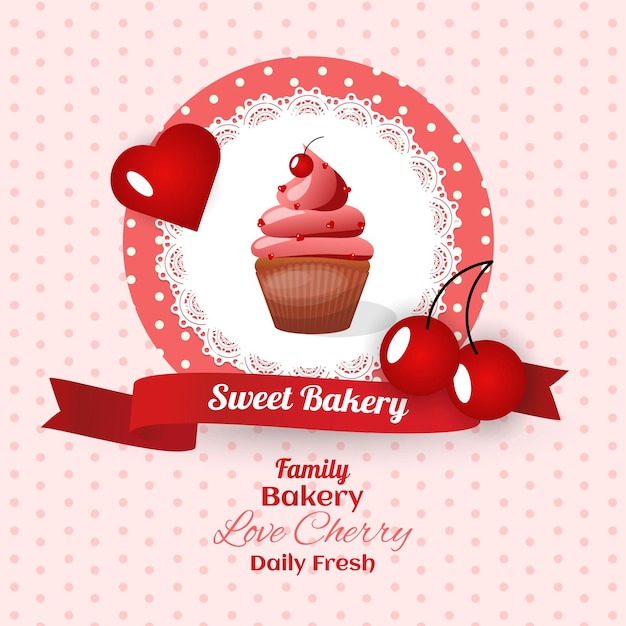 Sweet bakery cherry flavor cupcake poster in vector illustration