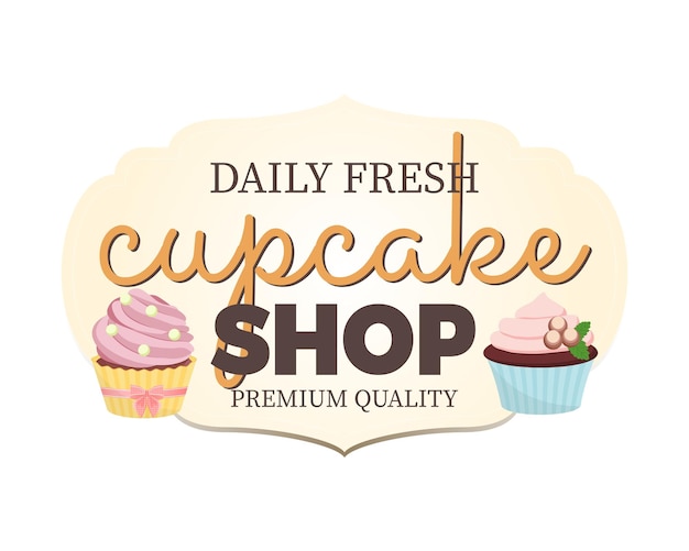 Sweet bakery label with cupcakes Cute vintage style