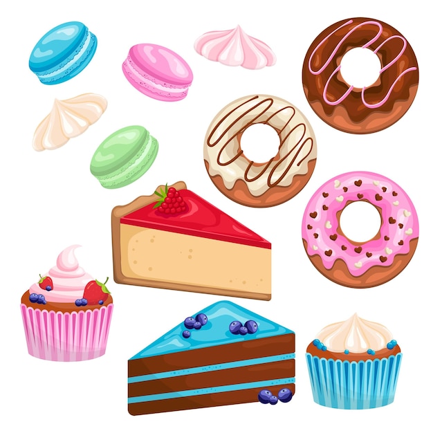 Vector sweet bakery set of delicious sweets and cakes