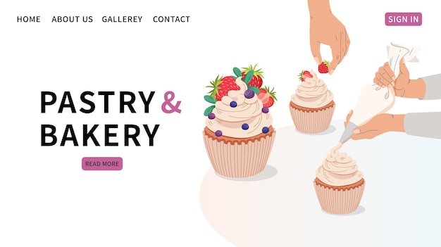 Vector sweet bakery shop website template decorating cake with cream pastry bag icing cupcake with berry