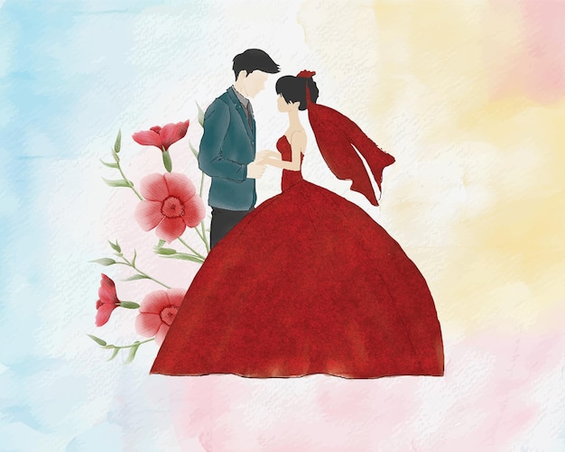 Sweet bride and groom hug together with flowers background wedding watercolor portrait illustration