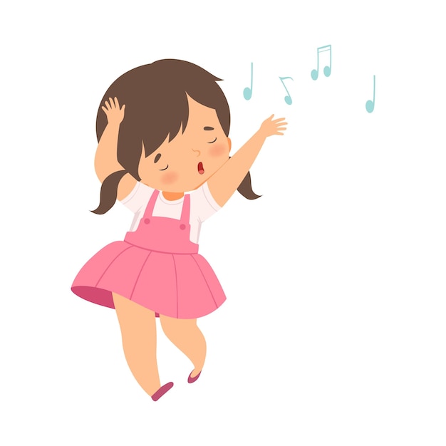 sweet brunette girl singing and dancing adorable kid having fun and enjoying listening to music cartoon vector illustration