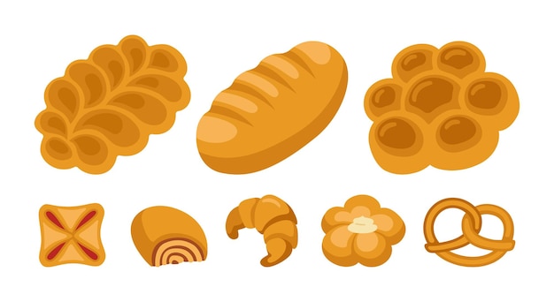 Sweet buns cartoon clipart set. bakery goods bread loaf and wicker bun pretzel, croissant puff pastry, roll