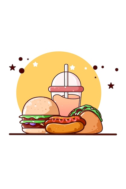 Sweet burger and juice icon cartoon