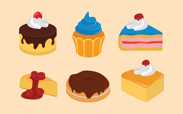 Vector sweet cake set collections with flat style