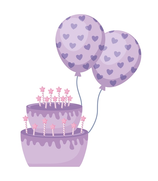 Vector sweet cake with candles and balloons helium