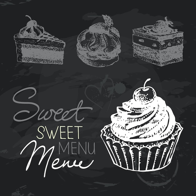 Vector sweet cakes hand drawn chalkboard design set. black chalk texture