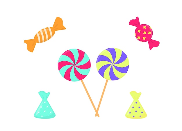 Icone piatte di caramelle dolci impostate nell'illustrazione vettoriale isolata