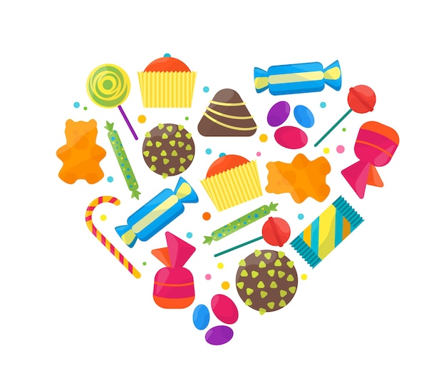 Vector sweet candies icons set in heart shape