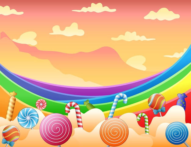 Sweet candies and rainbow on the sky