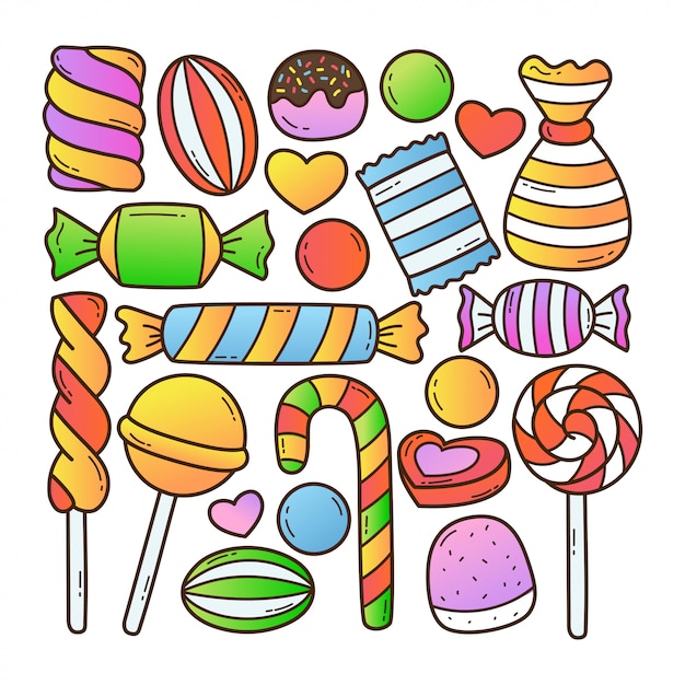 Vettore illustrazione di doodle di caramelle dolci