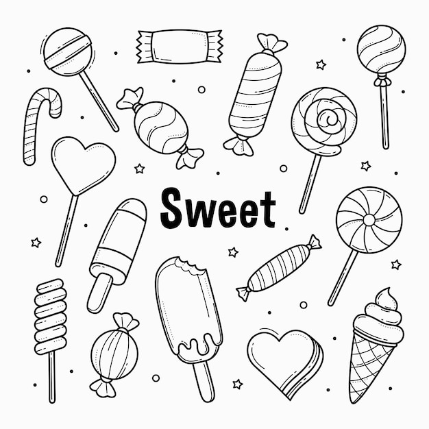 Vector sweet candy doodles outline hand drawn