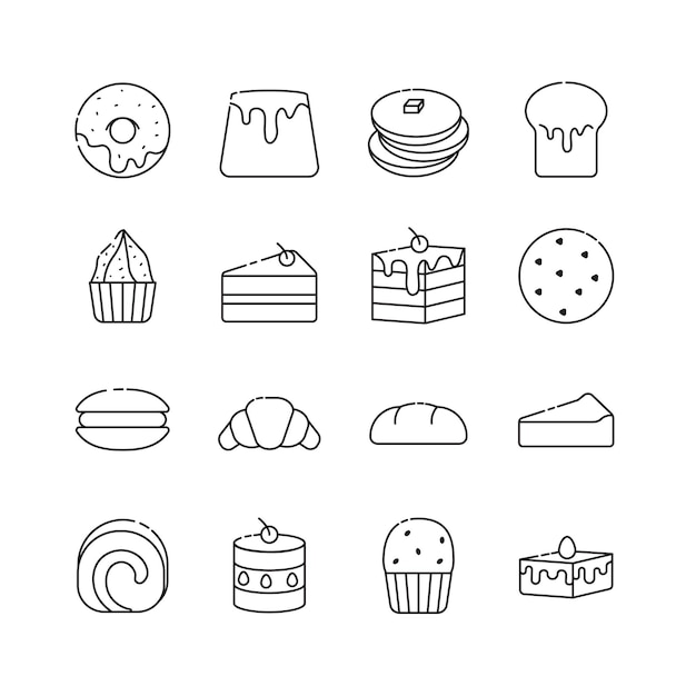 Набор иконок сладкие конфеты черный контур 16 иконок, изолированных фон векторные иллюстрации