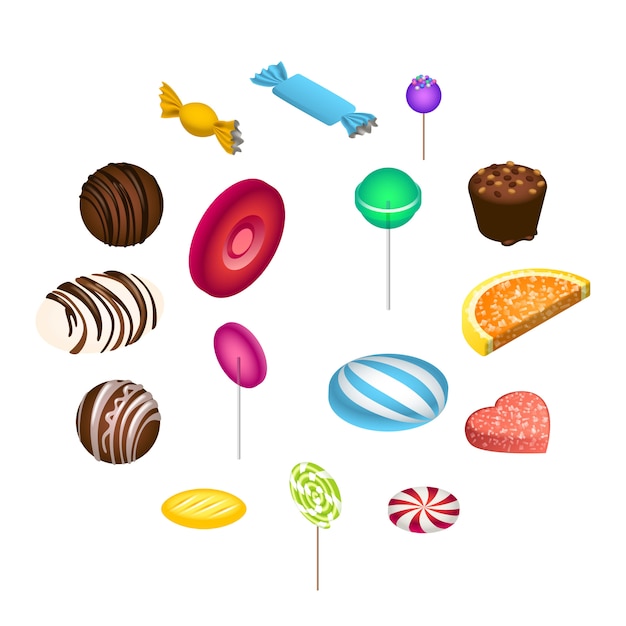 Набор иконок сладкие конфеты, изометрический стиль