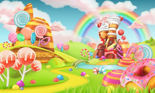Sweet candy land. Cartoon game vector illustration