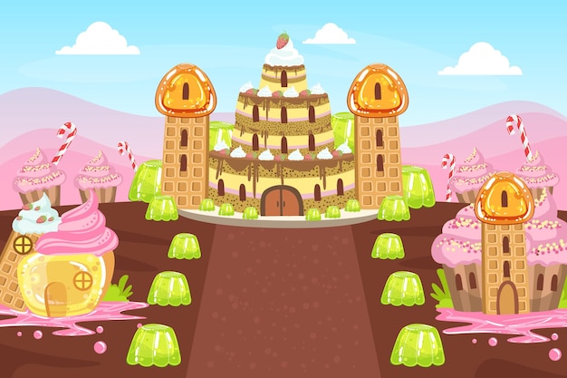 Вектор Страна сладких конфет сказочный пейзаж с фантастическим замком десерты и сладости красочная векторная иллюстрация