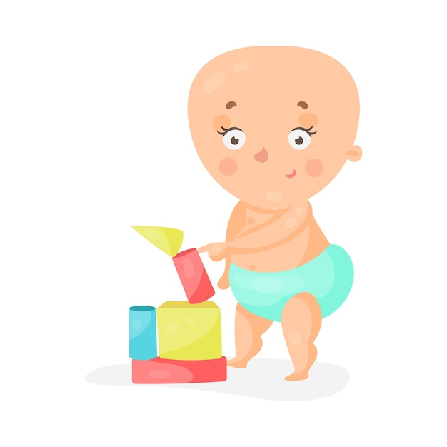 Vector sweet cartoon baby in a diaper playing with toy blocks, colorful character vector illustration isolated on a white background