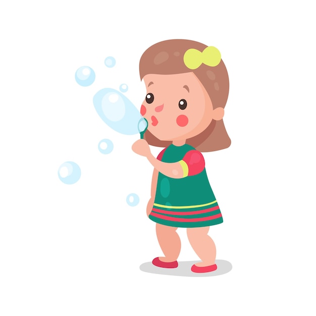 Sweet cartoon little girl playing with soap bubbles vector Illustration on a white background