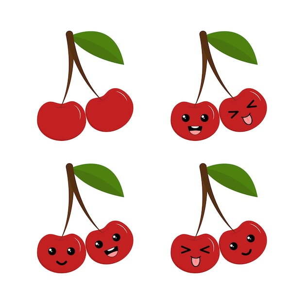 Черешня с кавайными глазами. Векторная иллюстрация плоского дизайна красного яблока, изолированного на белом фоне