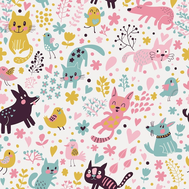 Sweet childish seamless pattern with birds cats and funny dogs in vector