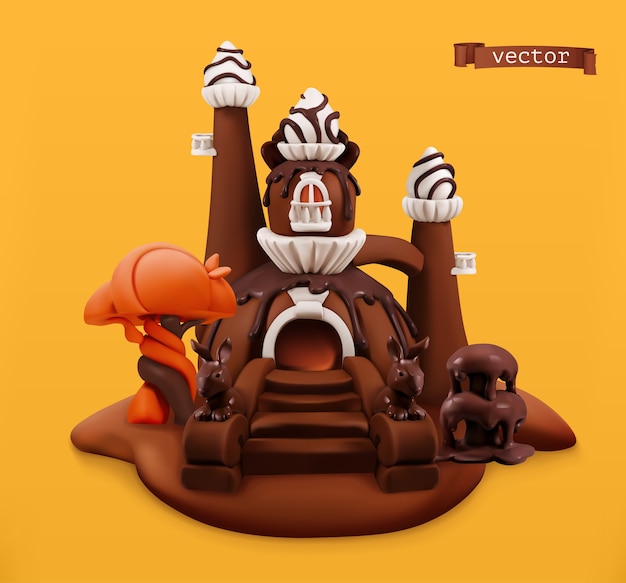 Sweet chocolate castle. 3d vector cartoon object. plasticine art illustration