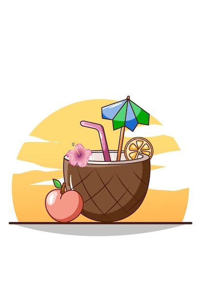 Сладкий кокосовый ледяной напиток на пляже летом иллюстрации шаржа