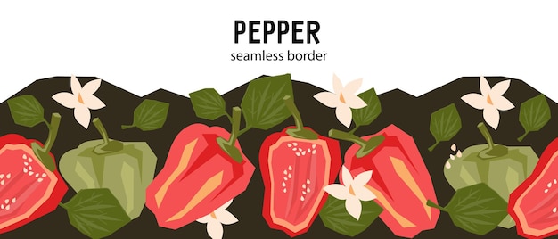 Vector sweet color peppers with leaves and flowers in seamless repeatable background