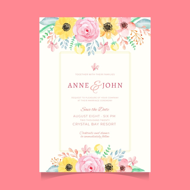 Sweet and colorful watercolor flower wedding invitation template