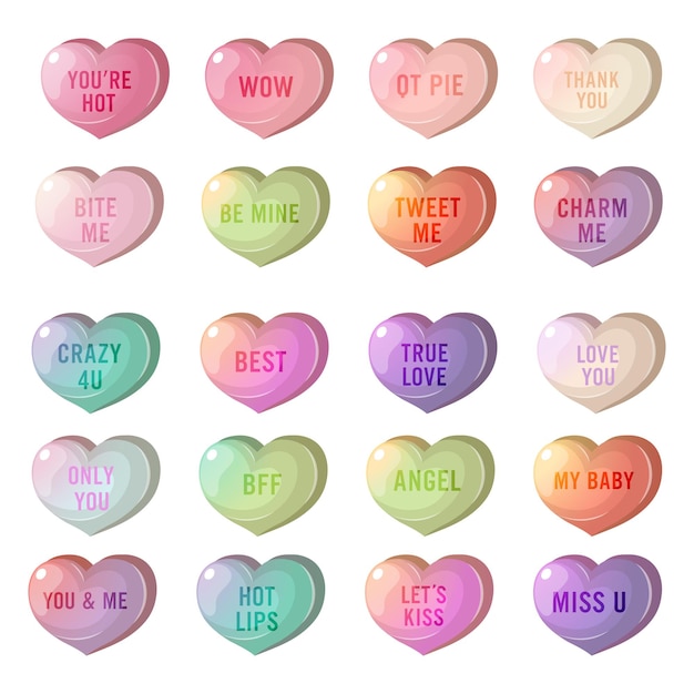 Dolce conversazione su candy hearts colore pastello per san valentino su sfondo bianco vettore