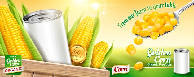 Sweet corn banner with blank tin can and kernels on bokeh green field