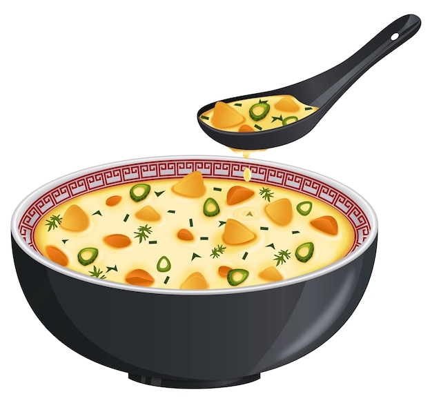 Вектор Сладкий кукурузный суп в черной чаше с супной ложкой