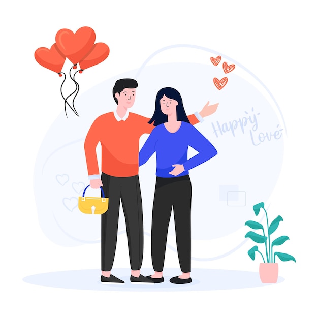 Sweet couple with balloons flat illustration