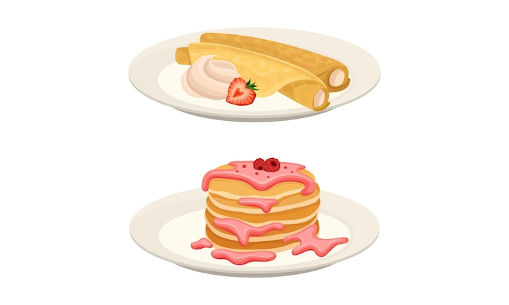 Vector sweet crepe or pancake served on plate with cream and raspberry jam vector set