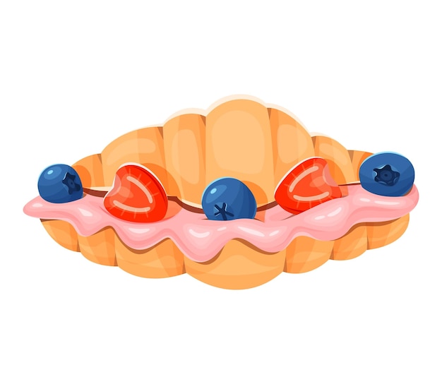 Vector sweet croissant with strawberry blueberry and cream cheese closeup