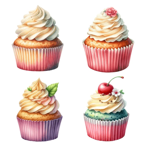 Vector sweet cupcake dessert with cream watercolor paint for holiday card decor