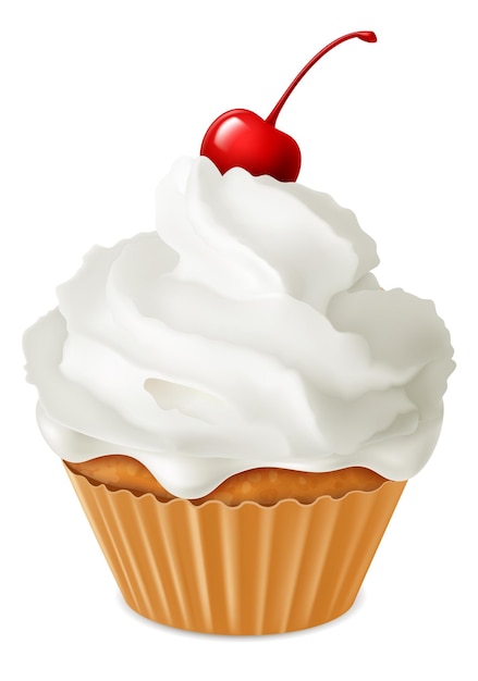 Vector sweet cupcake with whipping cream and cherry realistic muffin