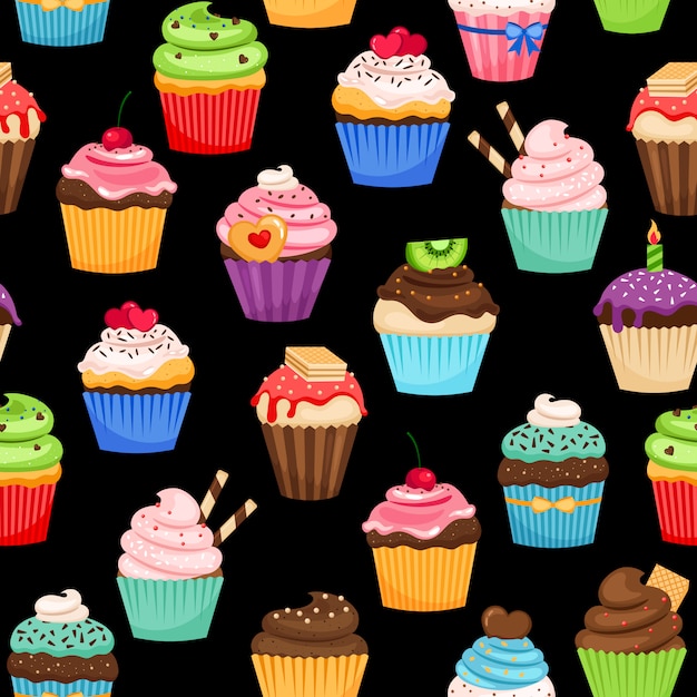 Sweet cupcakes colorful pattern on black background.