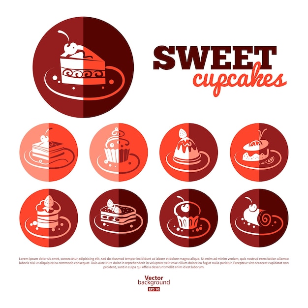 Vector sweet cupcakes. flat icon set. menu design