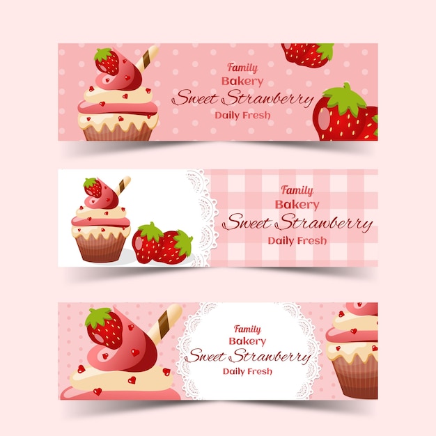 Sweet cupcakes horizontal banners in vector illustration
