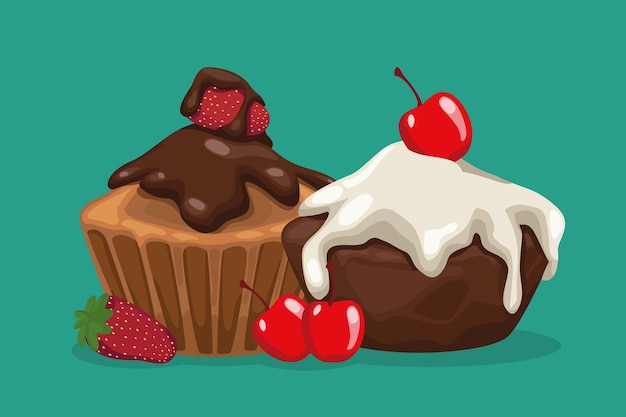 Vector sweet cupcakes with cherries