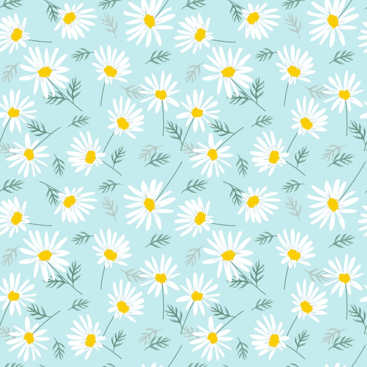 Vector sweet daisy flowers on bright blue seamless pattern.