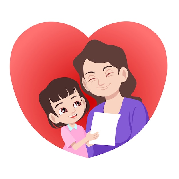 Vector sweet daughter giving a letter or card to her mother in the heart shape