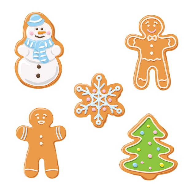 Sweet decorated new year gingerbread cookies set. 