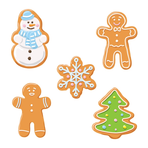 Sweet decorated new year gingerbread cookies set.