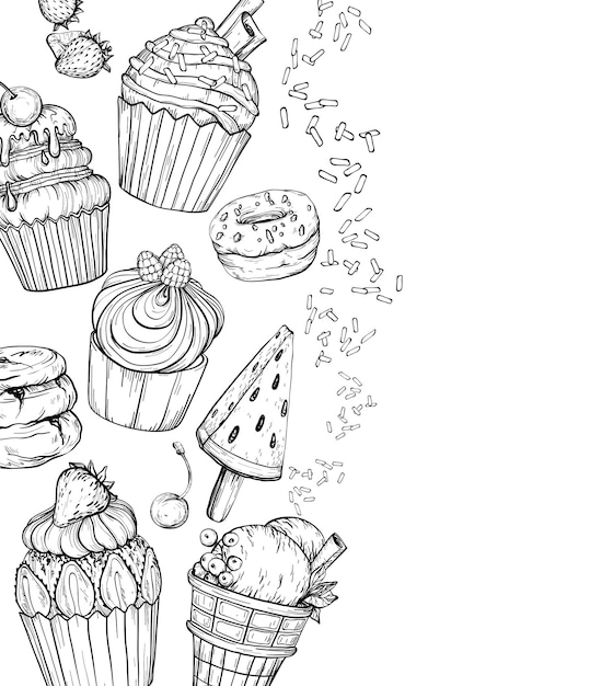 Vector sweet dessert background with cupcakes and ice cream black and white