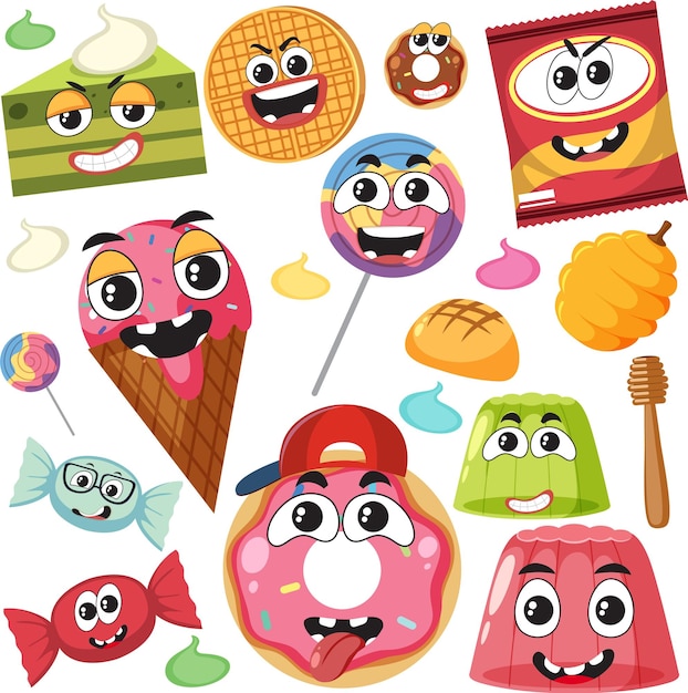 Sweet dessert cartoon characters set