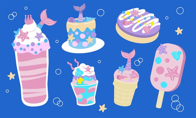 Sweet dessert colorful mermaid theme in cute flat vector design