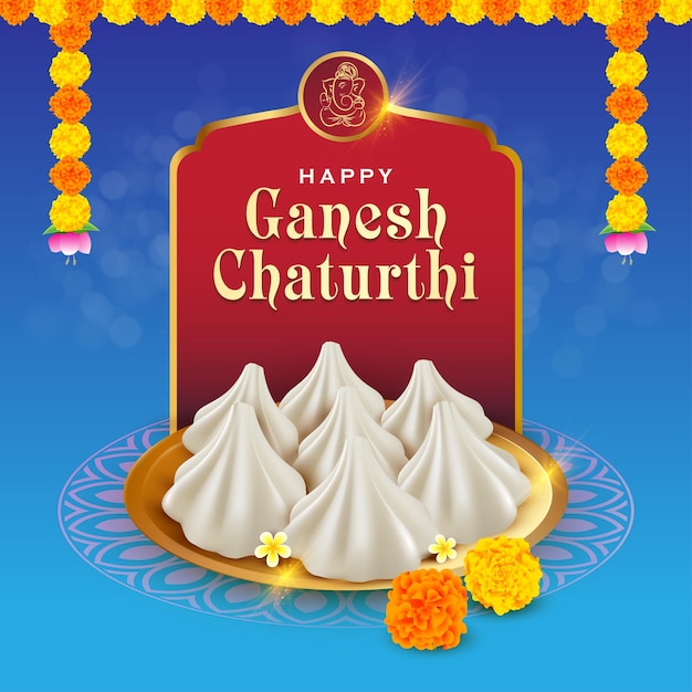 Sweet dessert Modak in plate Happy Ganesh Chaturthi illustration with festival elements